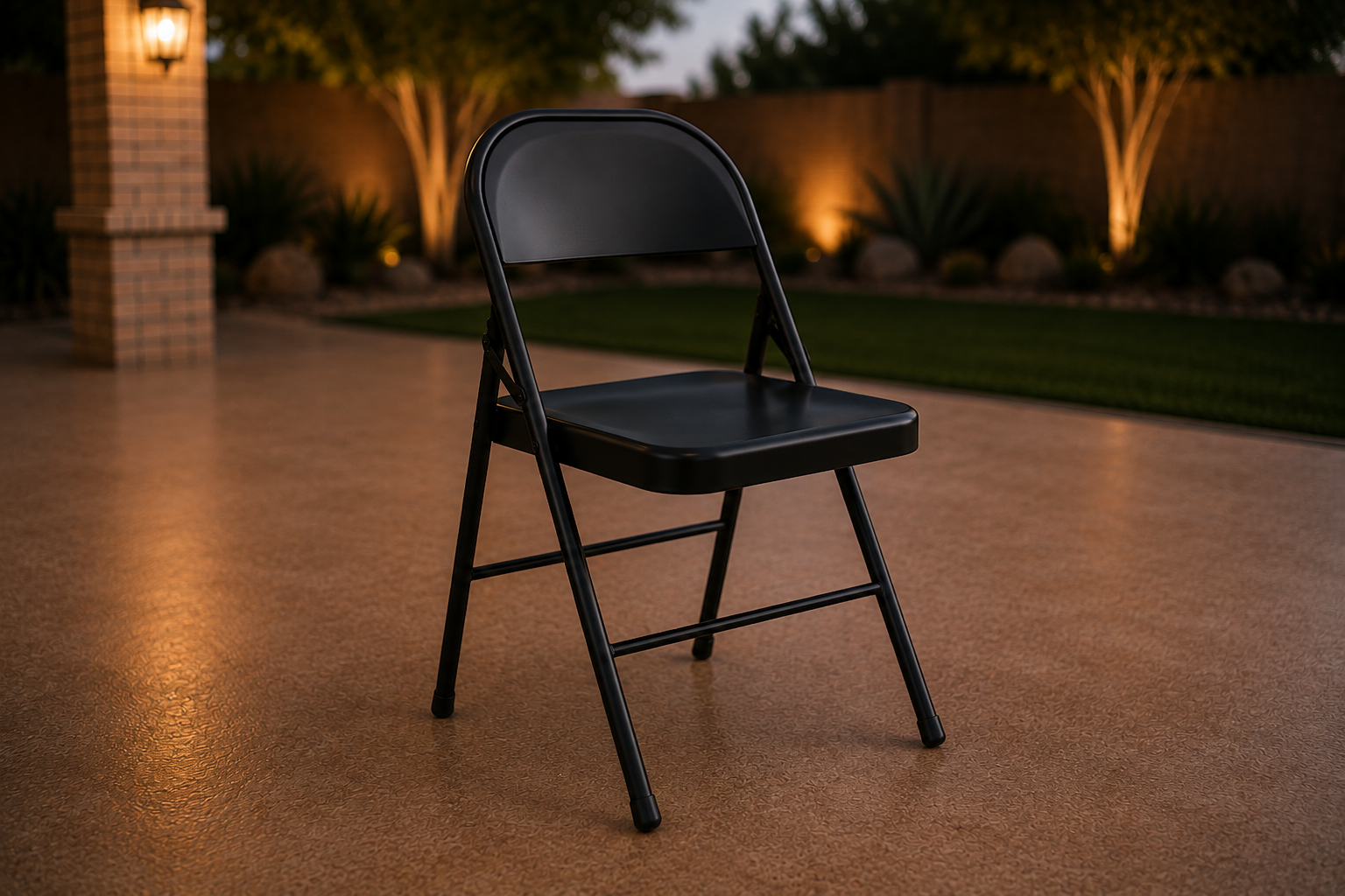Black metal folding chairs at an event