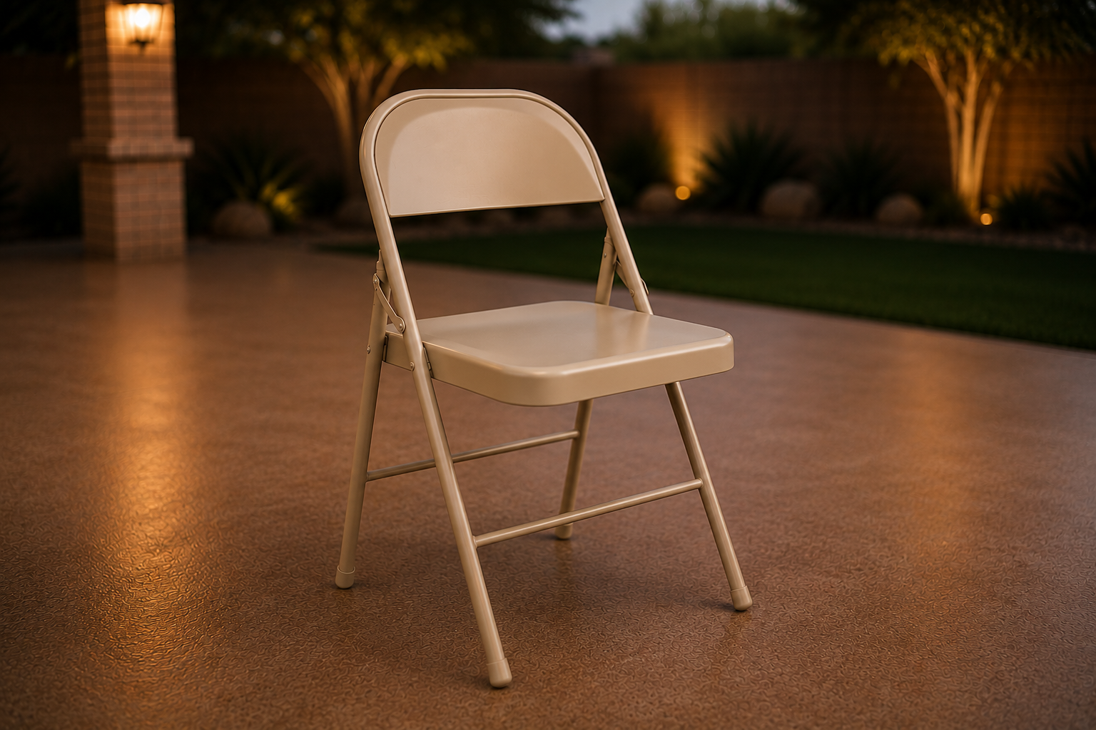 Beige metal folding chairs at an outdoor event