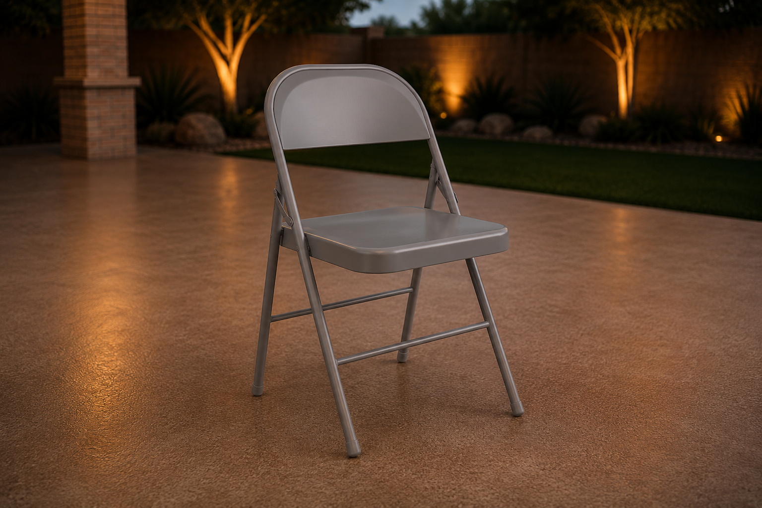 Gray metal folding chairs at an event