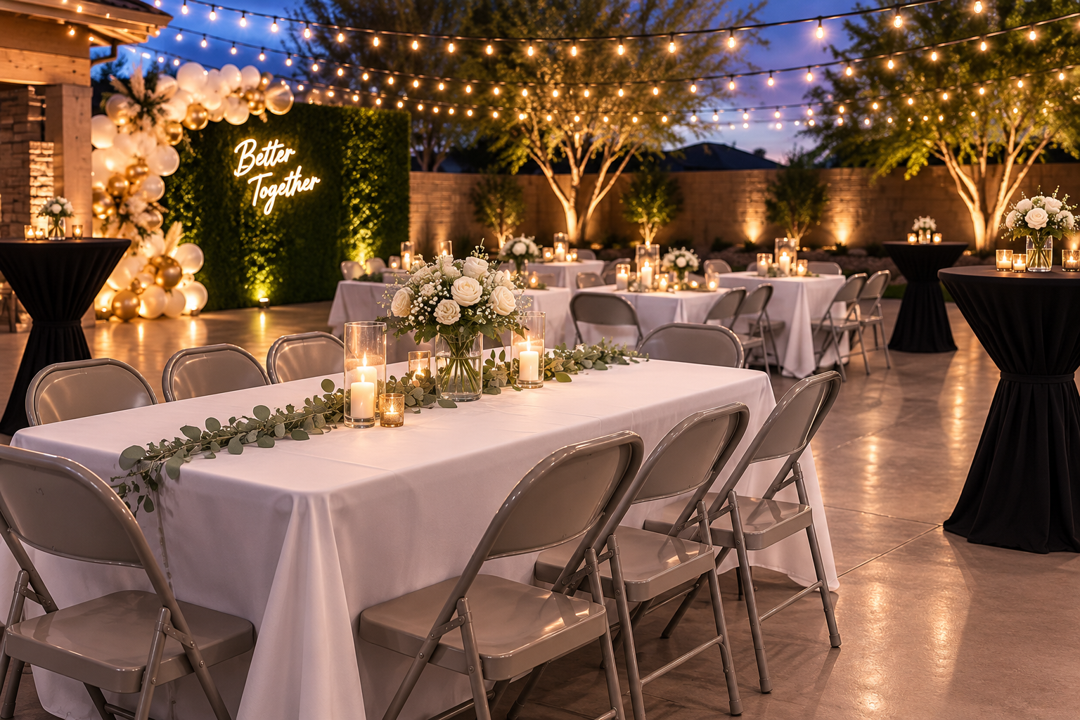 Family celebrating at an outdoor event with beautifully arranged tables